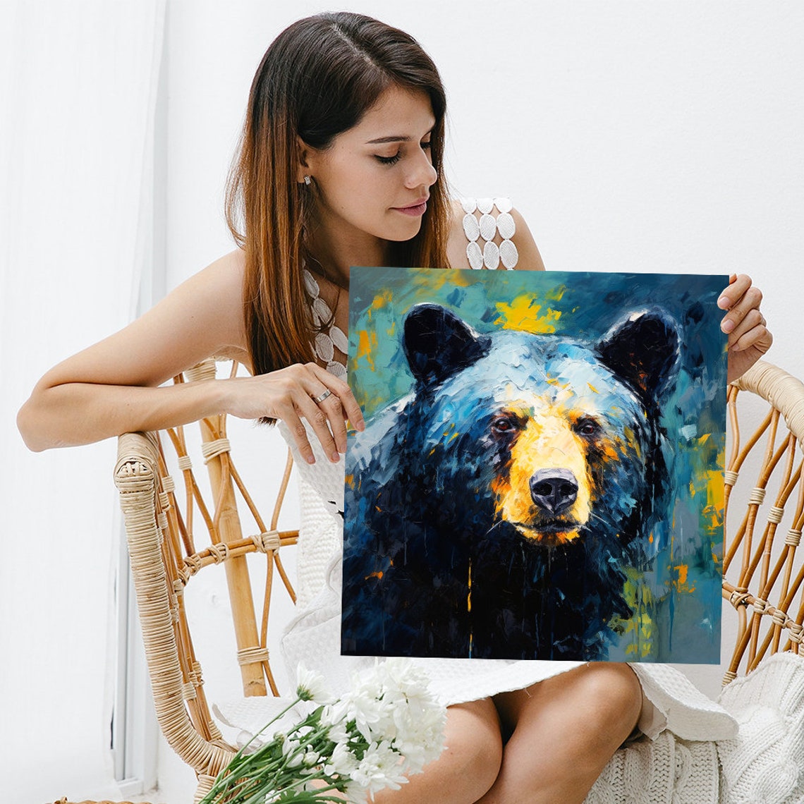 Bear Portrait Deep Blue Gold Impasto Rustic Cabin Wildlife Wall Art - Image 3