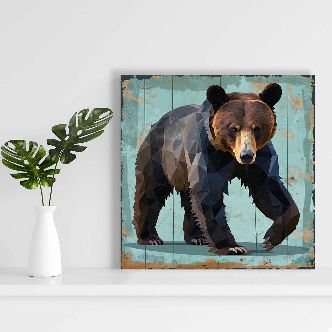 Geometric Low Poly Brown Bear Teal Wood Plank Background Poster - Image 2
