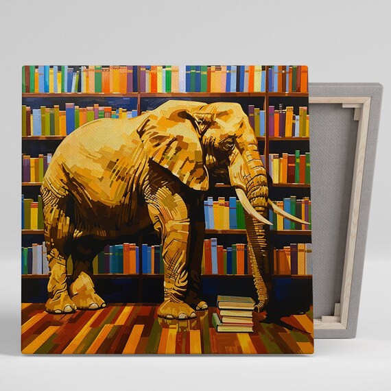 Golden Elephant Standing in Library Among Colorful Books Wall Art