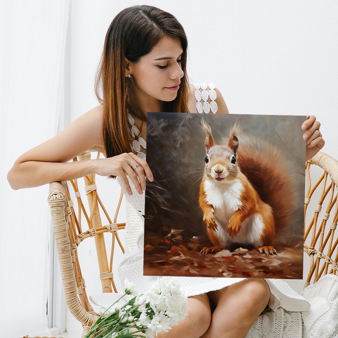 Red Squirrel Oil Painting Autumn Leaves Cute Woodland Wall Art - Image 3