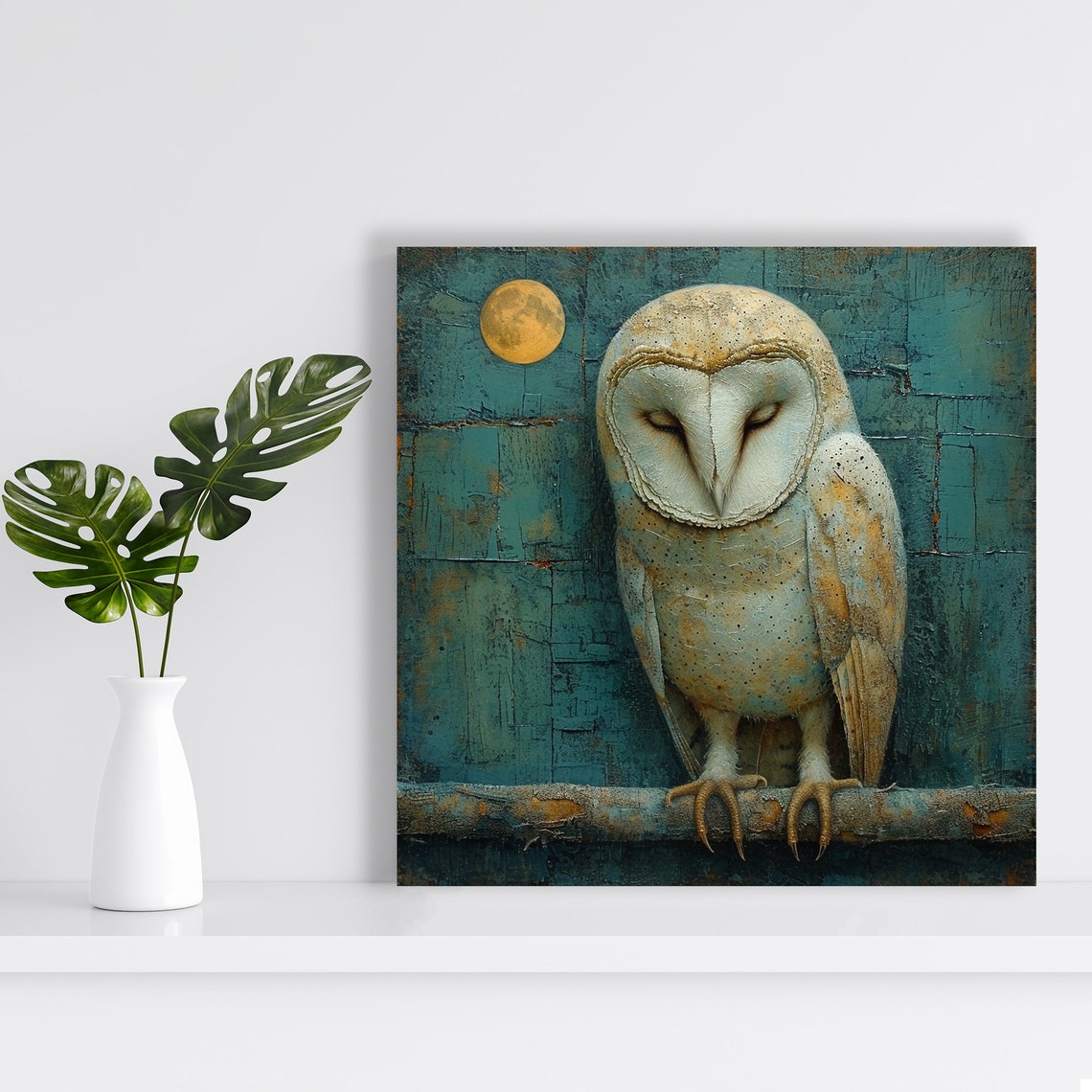 Sleeping Barn Owl Moonlit Branch Teal Textured Night Decor Poster - Image 2