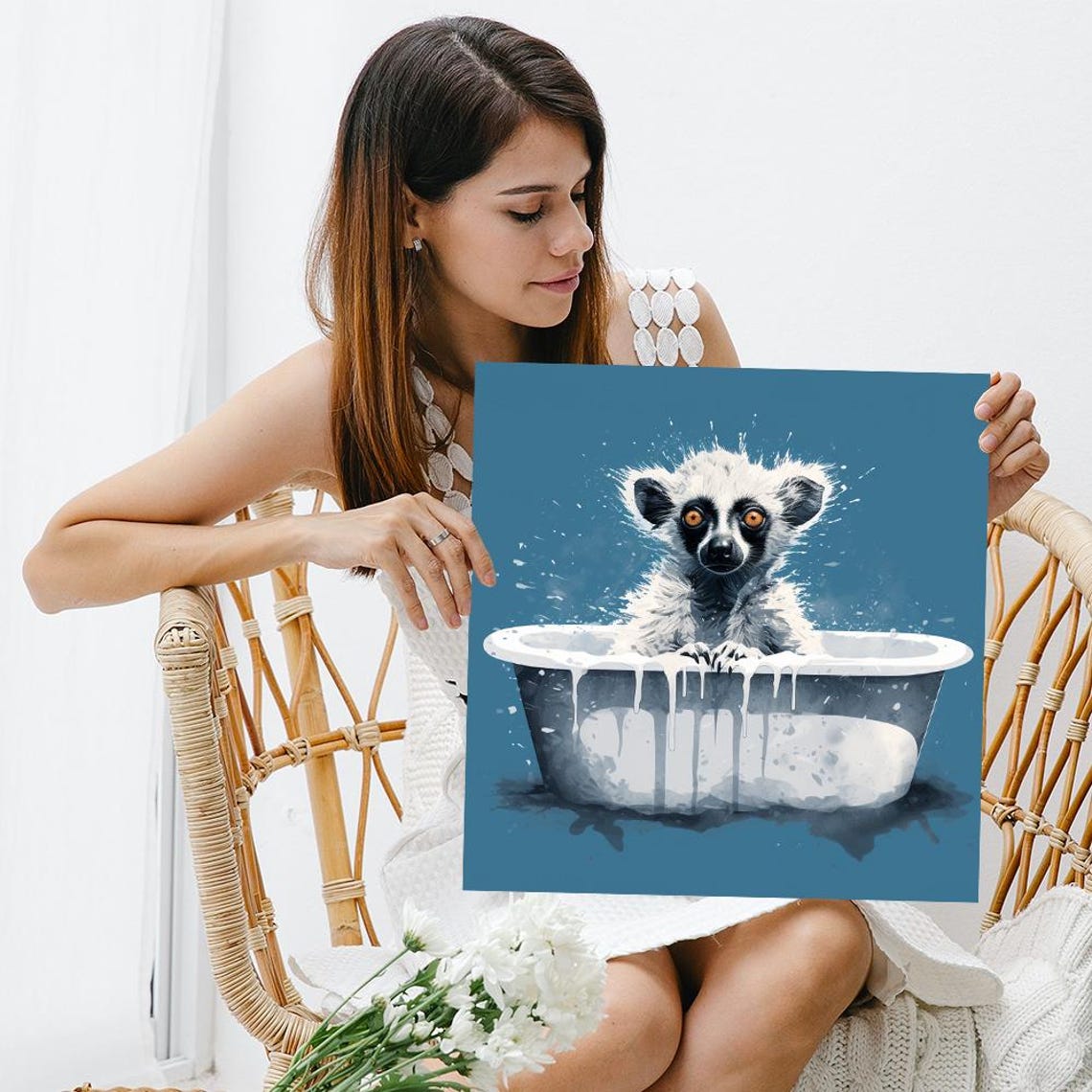 Lemur Bath Time Splash Cute Whimsical Blue White Animal Poster - Image 3