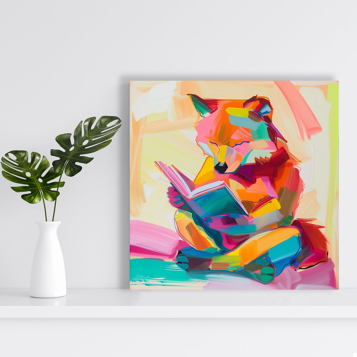 Abstract Fox Reading Book Fauvist Rainbow Brushstroke Wall Poster - Image 2