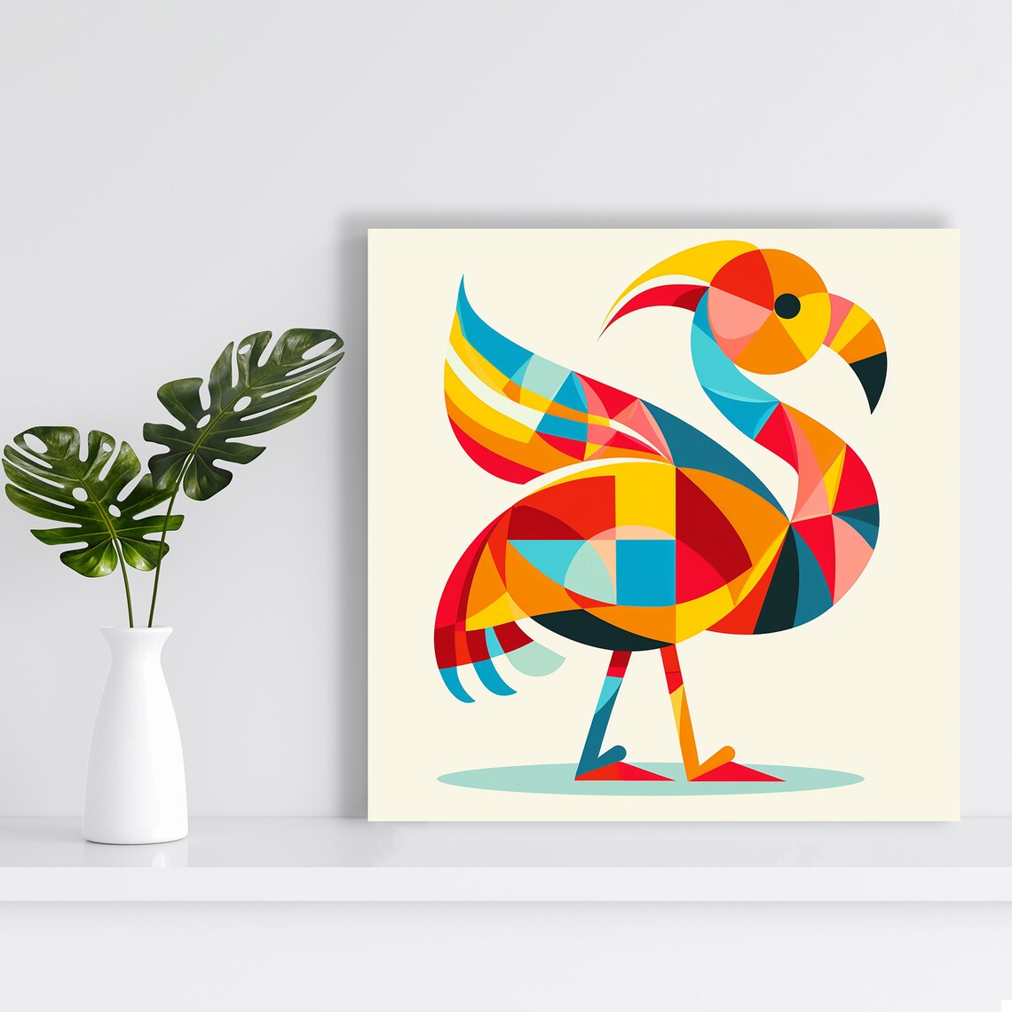 Vivid Geometric Mosaic Flamingo Red Yellow Teal Modern Art Poster - Image 2