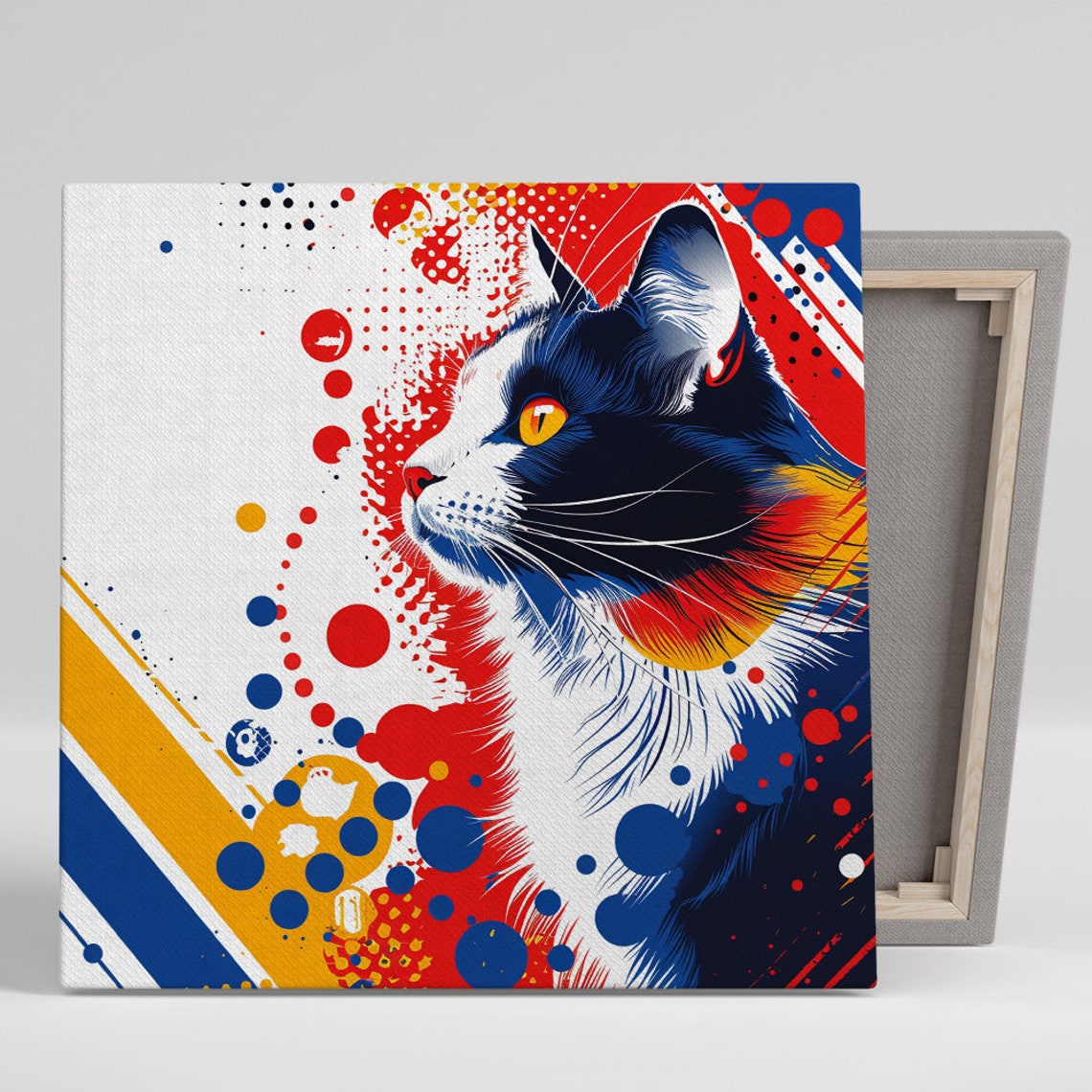 Pop Art Cat Halftone Dots Red Blue Yellow Bold Feline Wall Poster