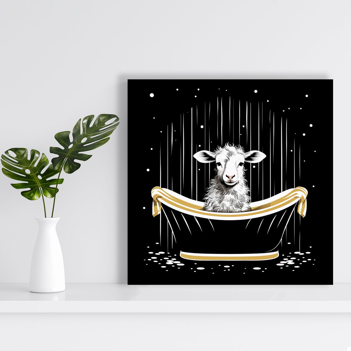 Sheep Bath Gold Black Moody Art Deco Bathroom Tub Cute Animal Wall Art - Image 2