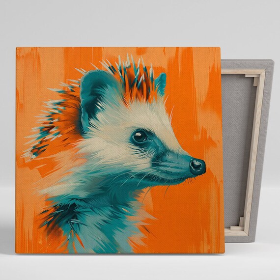 Hedgehog Portrait Poster Teal Orange Brushstroke Pop Art Wildlife Decor