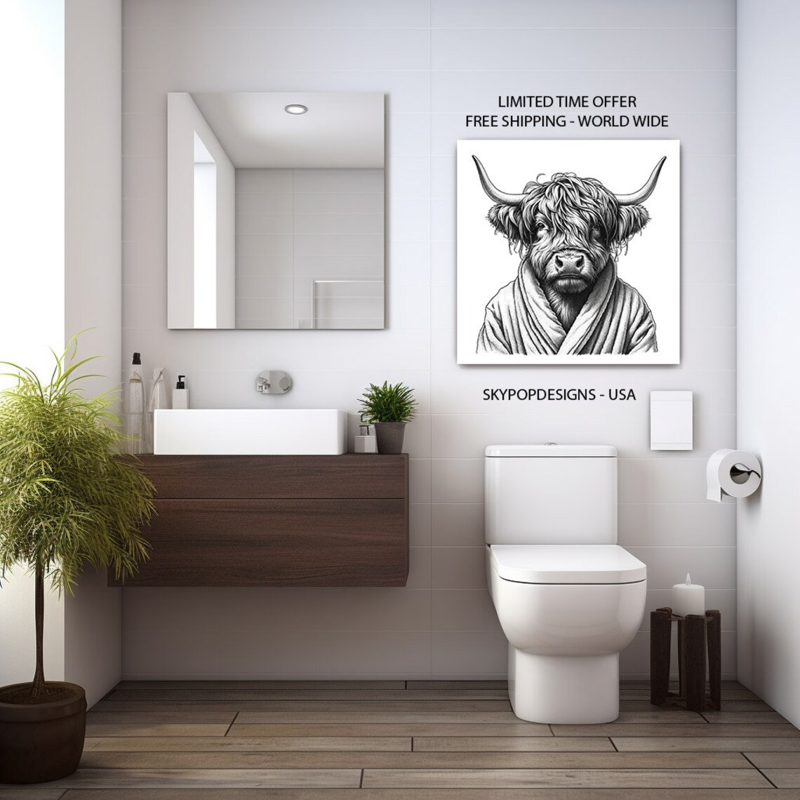 Highland Cow in Bathrobe, Funny Bathroom Art Print - Image 2