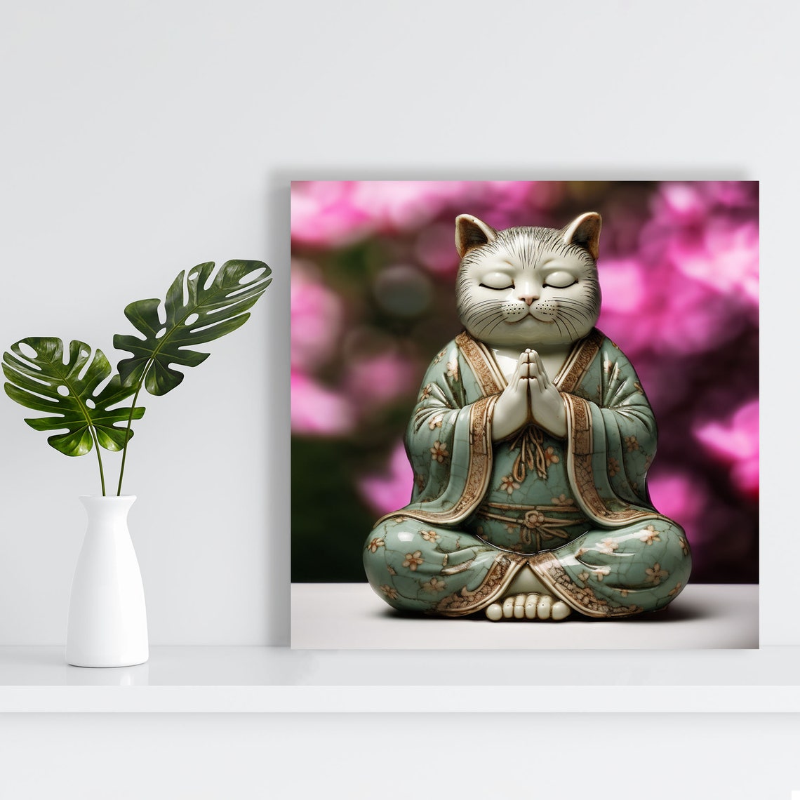 Meditating Cat Buddha Statue Pink Blossoms Zen Spiritual Wall Poster - Image 2