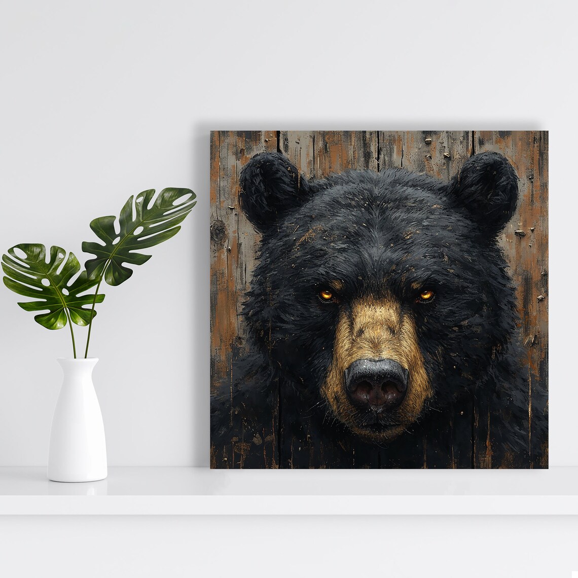 Black Bear Intense Amber Eyes Rustic Wood Wildlife Portrait Poster - Image 2