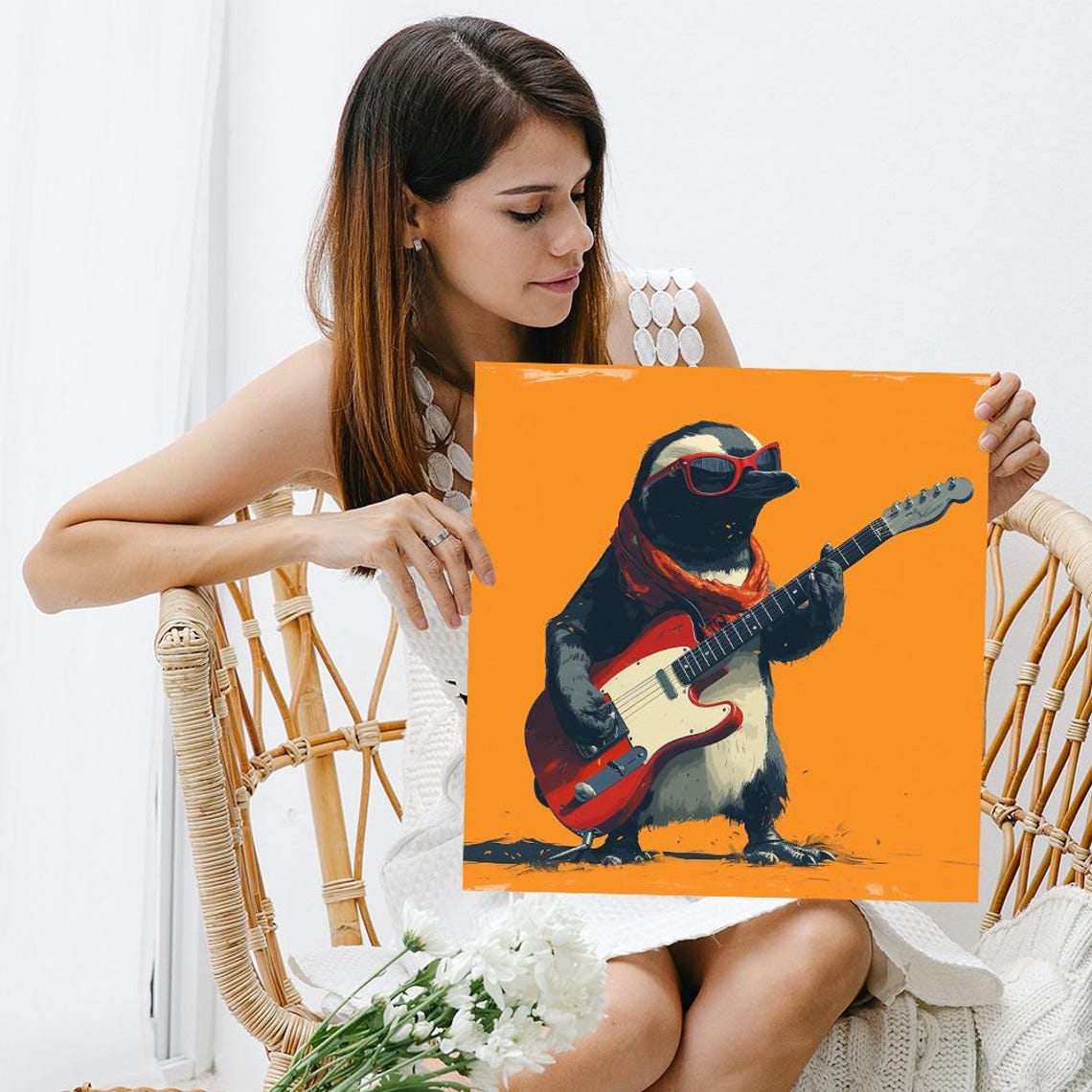 Rockstar Penguin Playing Electric Guitar Retro Music Animal Poster - Image 3