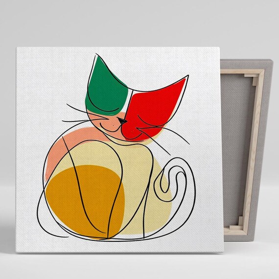 Abstract Minimalist Cat Line Art Sleeping Curled Green Red Modern Poster