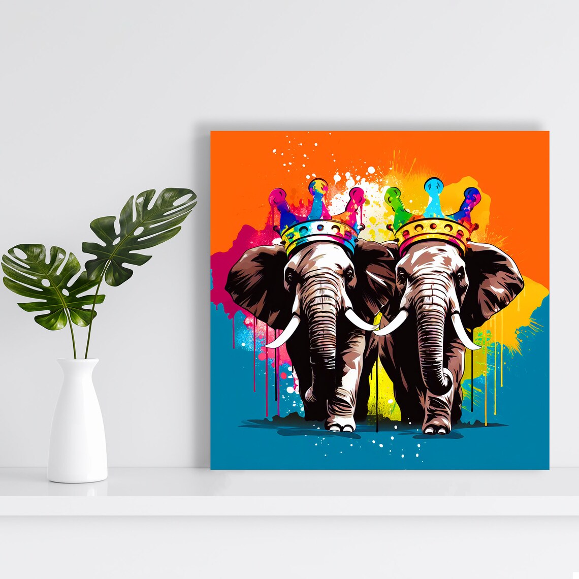 Two Crowned Elephants Rainbow Graffiti Crowns Bold Pop Art Color Splash Poster - Image 2