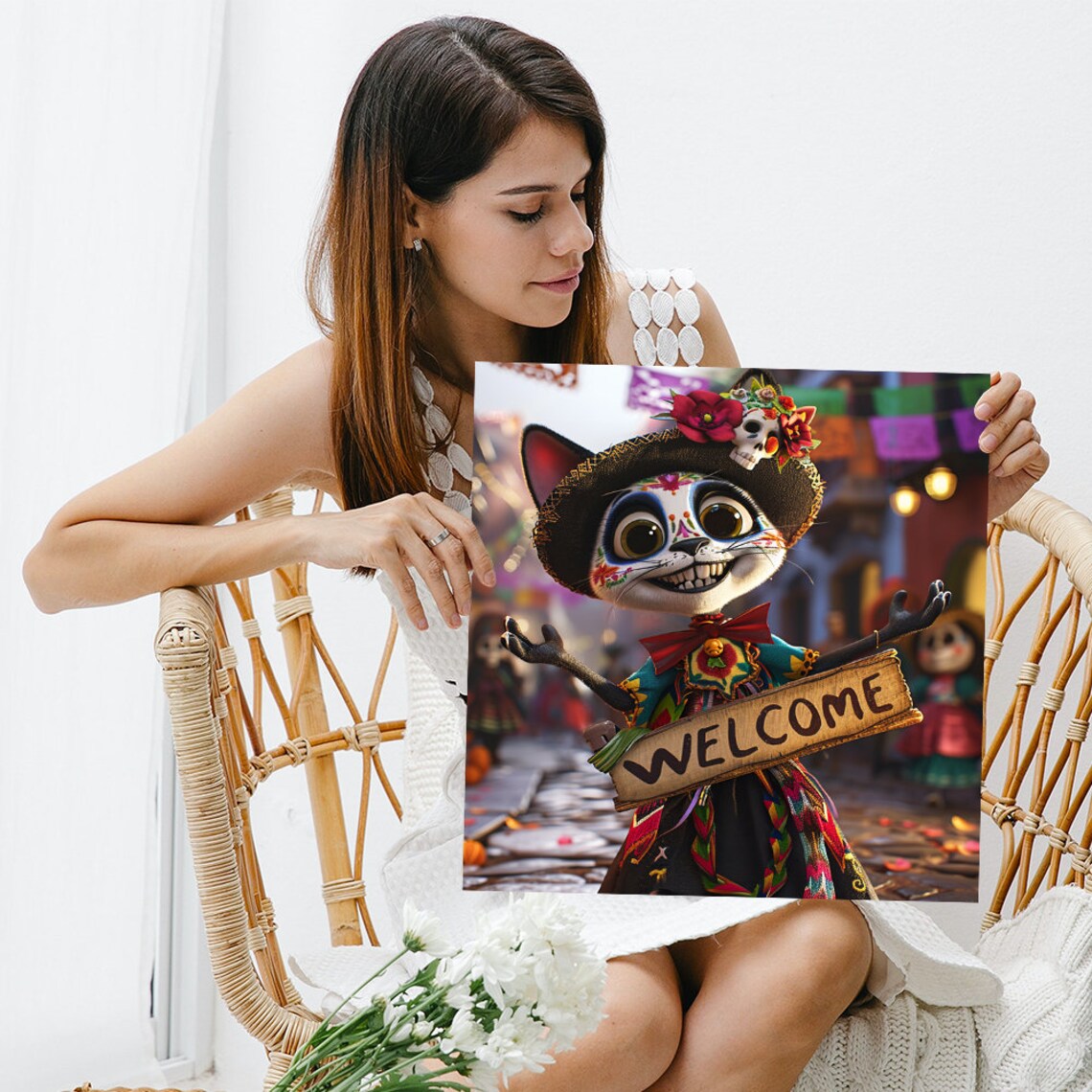 Welcome Sign Day of the Dead Cat Colorful Sugar Skull Folk Art Poster - Image 3