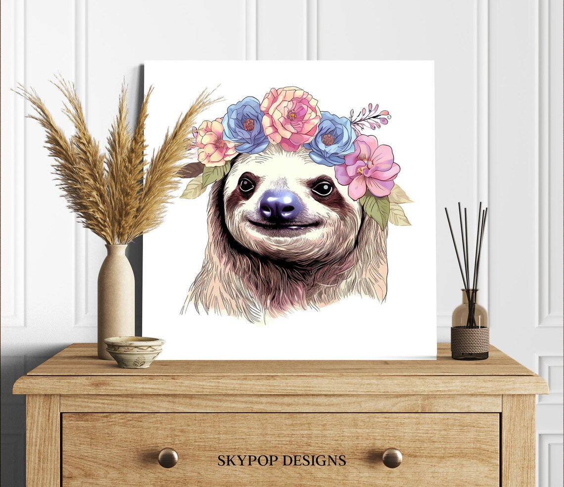 Smiling Sloth Flower Crown Portrait Whimsical Boho Nursery Decor Poster - Image 2
