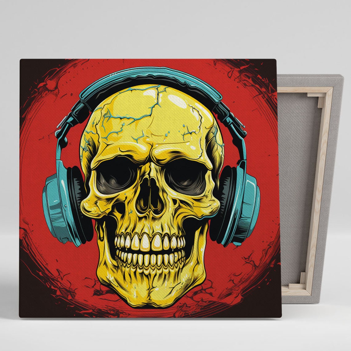 Skull Wearing Headphones Bold Red Background Rock Music Art Poster
