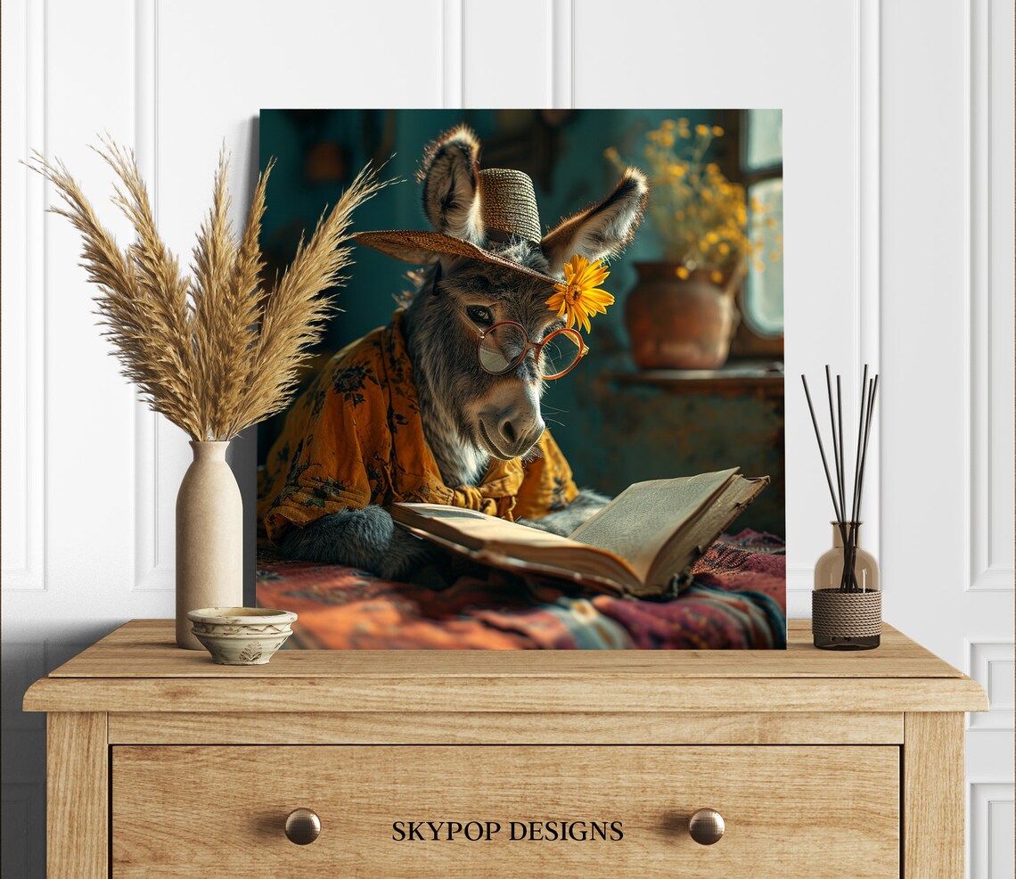 Scholarly Donkey In Straw Hat Reading Book Glasses Cozy Vintage Art Print - Image 2