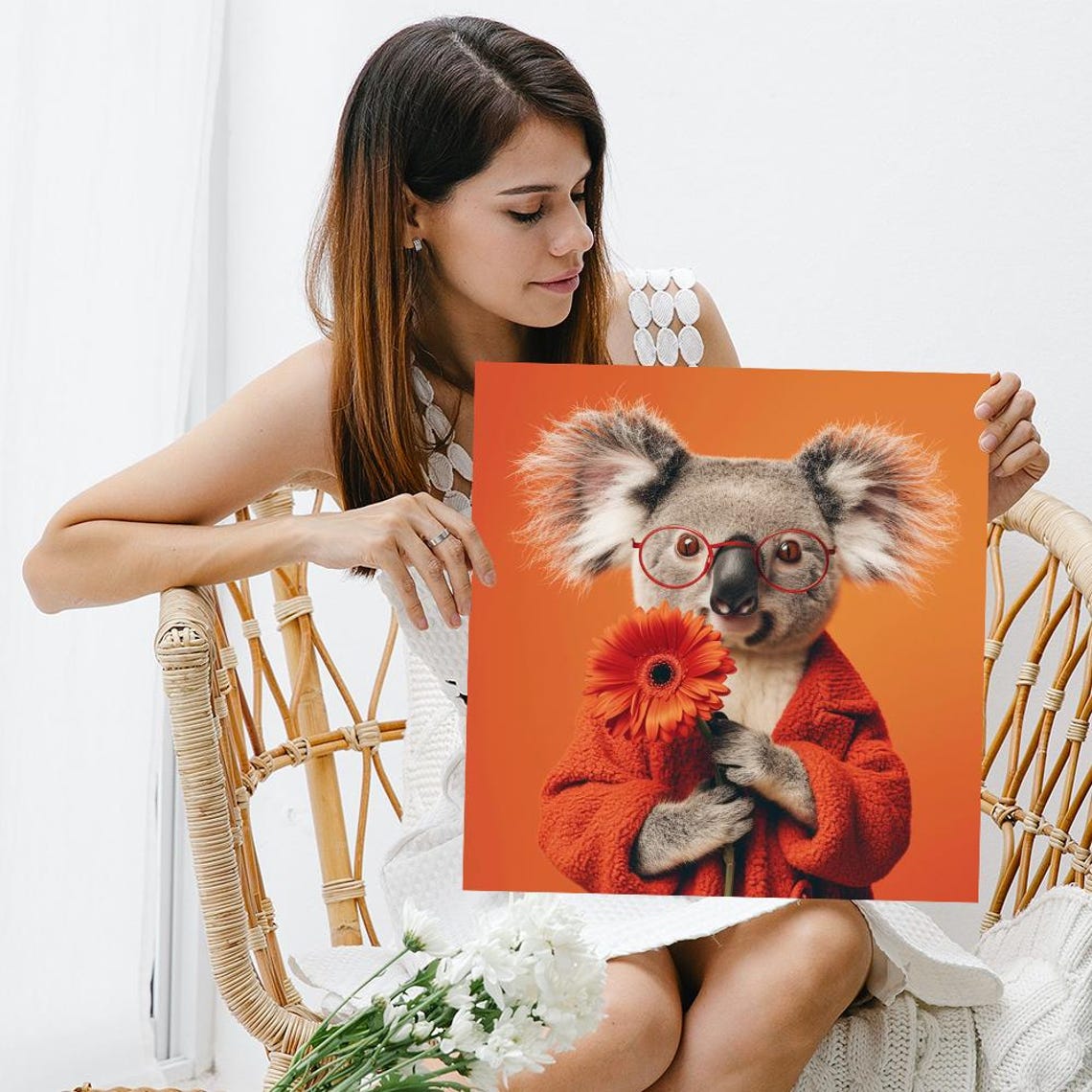 Koala In Red Glasses And Coat Holding Orange Flower Portrait Poster - Image 3