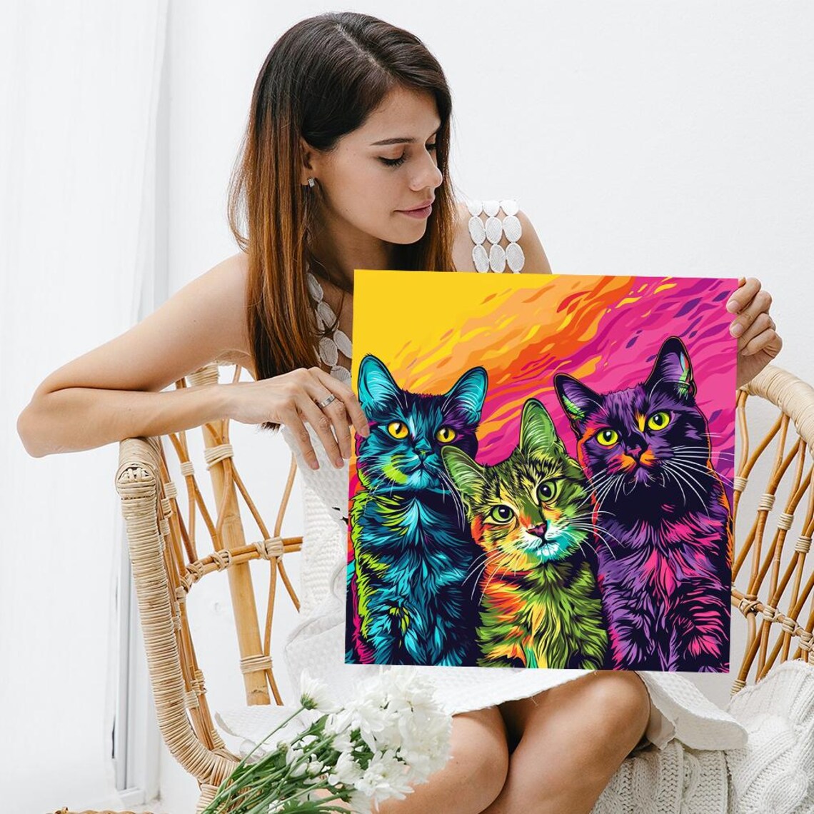 Psychedelic Cat Trio Neon Pop Art Multicolor Vibrant Funny Cat Wall Art Poster - Image 3