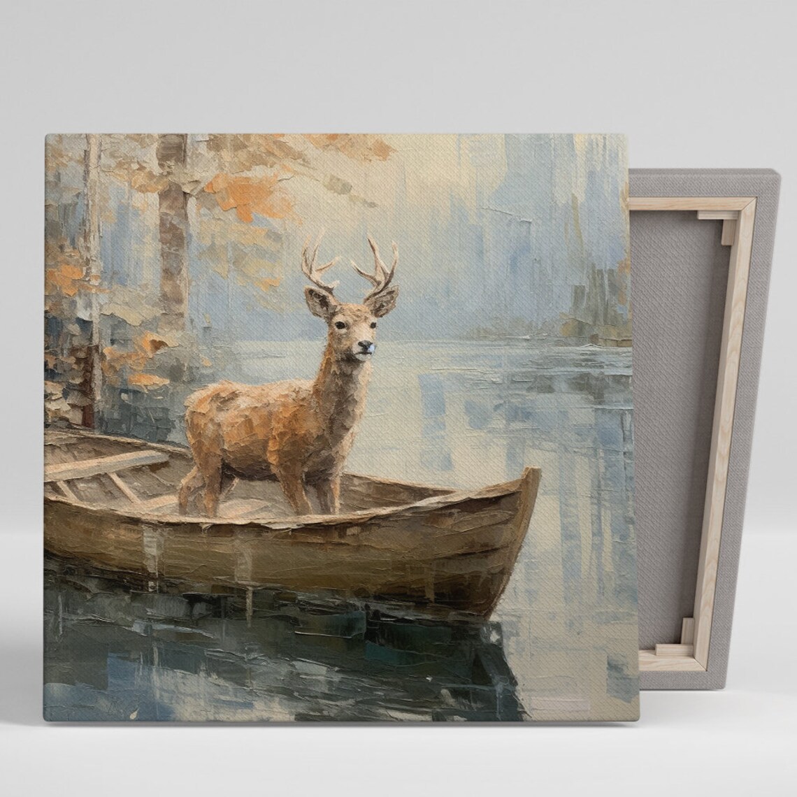 Deer Standing In Wooden Boat On Misty Lake Dreamy Impressionist Art Print