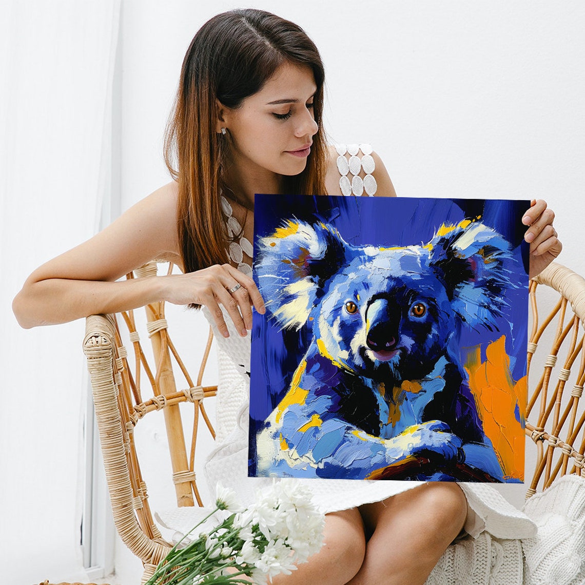 Electric Blue Koala Impasto Portrait Orange Accent Wall Poster - Image 3