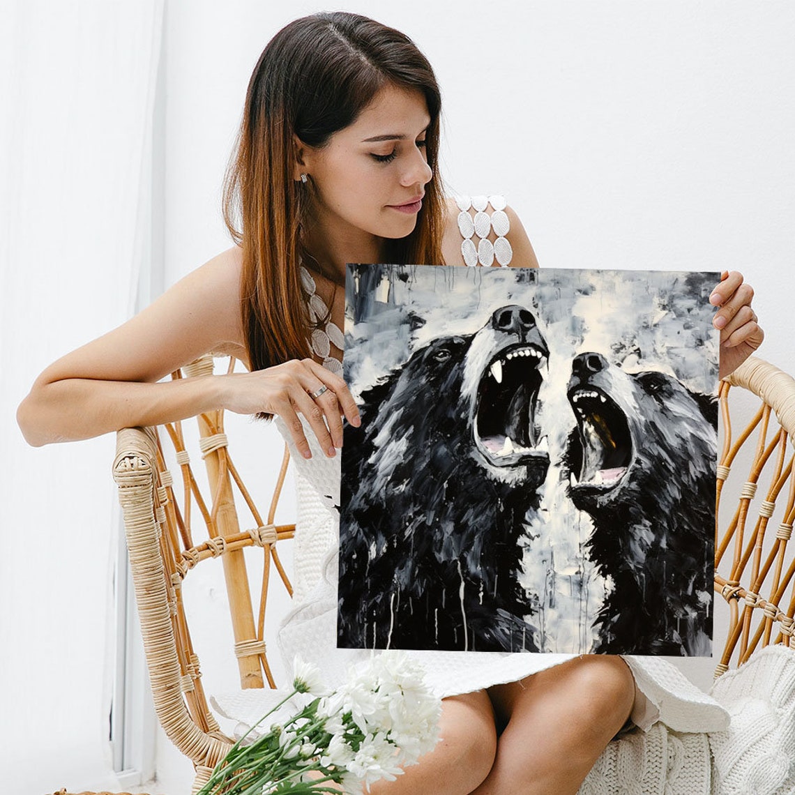 Two Black Bears Roaring Face To Face Monochrome Expressive Art Poster - Image 3