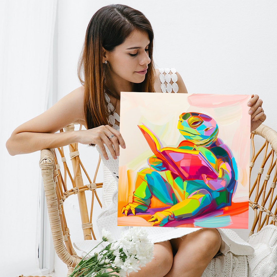 Colorful Turtle Reading Book Cozy Abstract Pop Bright Wall Art - Image 3
