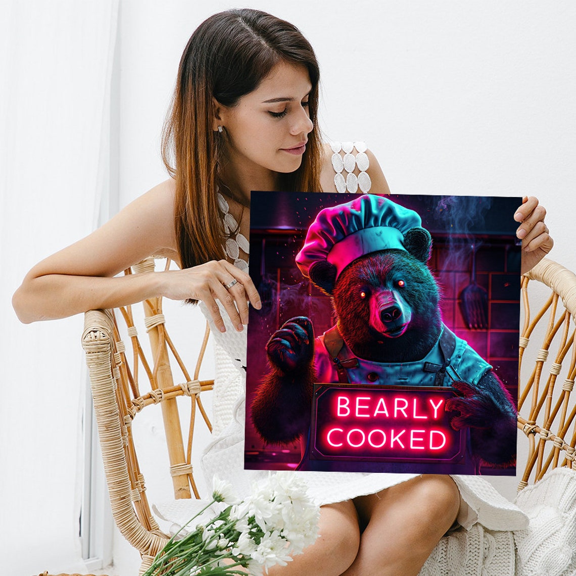 Neon Chef Bear Bearly Cooked Sign Pop Art Pink Blue Kitchen Poster - Image 3