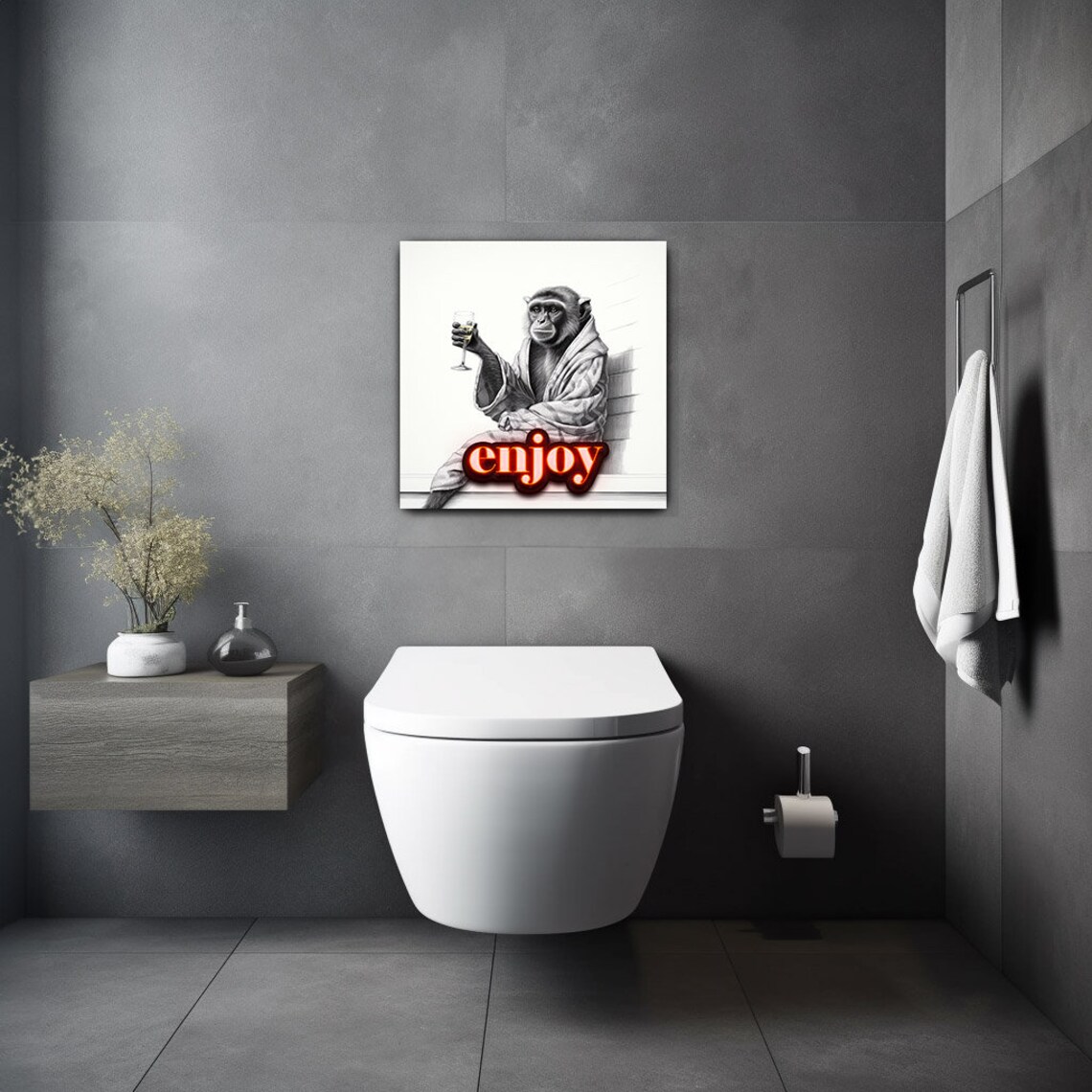 Monkey In Bathrobe Holding Wine Glass With Neon Enjoy Sign Funny Art Poster - Image 4