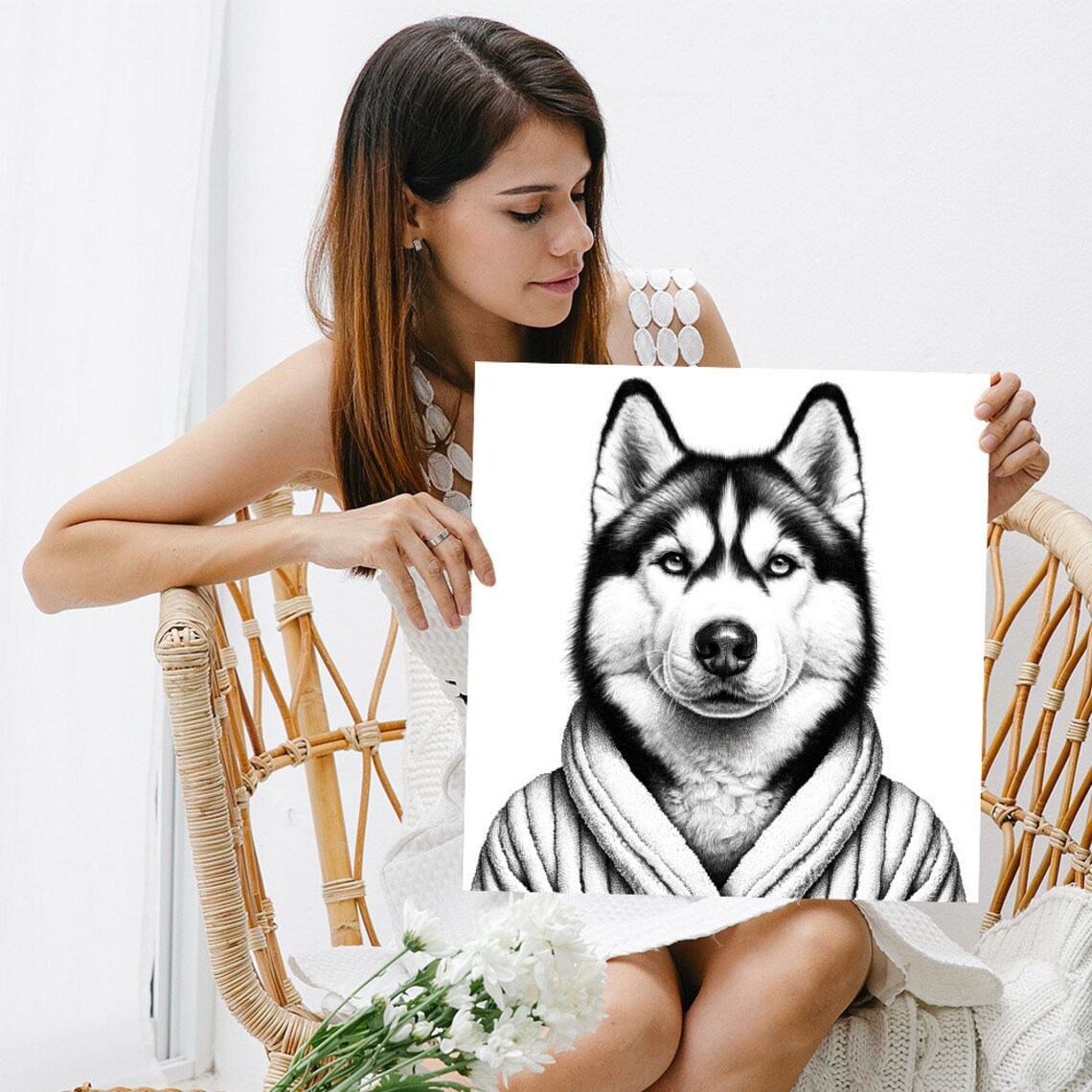 Husky in a Robe, Funny Dog Bathrobe Art Print - Image 3