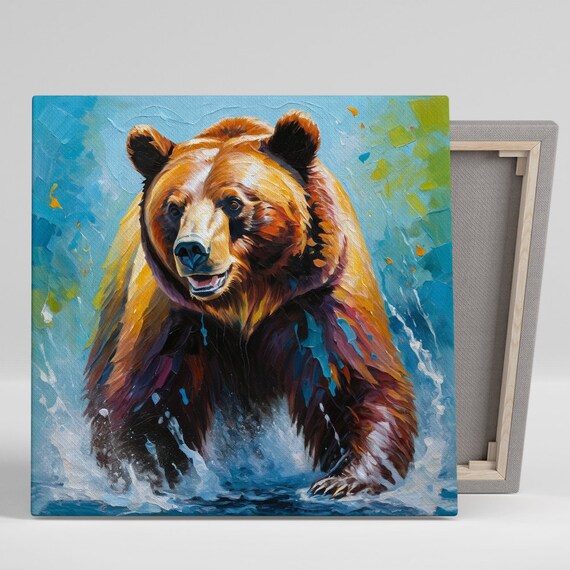 Majestic Grizzly Bear Splash Colorful Impasto River Wildlife Wall Poster
