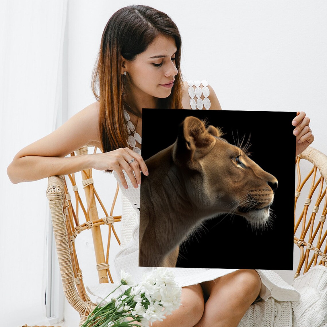 Lioness Profile Portrait Black Background Golden Realistic Wild Cat Poster - Image 3