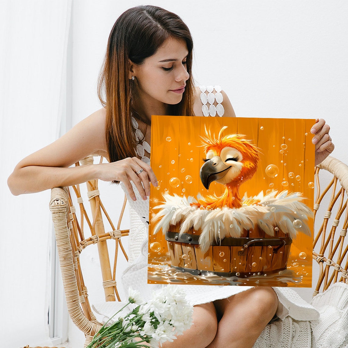 Bubbly Orange Parrot Bubble Bath Barrel Fun Tropical Bathroom Poster - Image 3