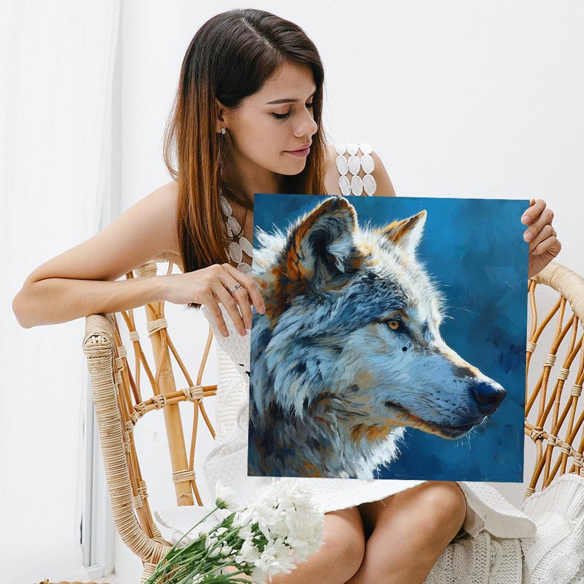 Wolf Profile Oil Painting Blue Background Alert Wild Animal Art Poster - Image 3