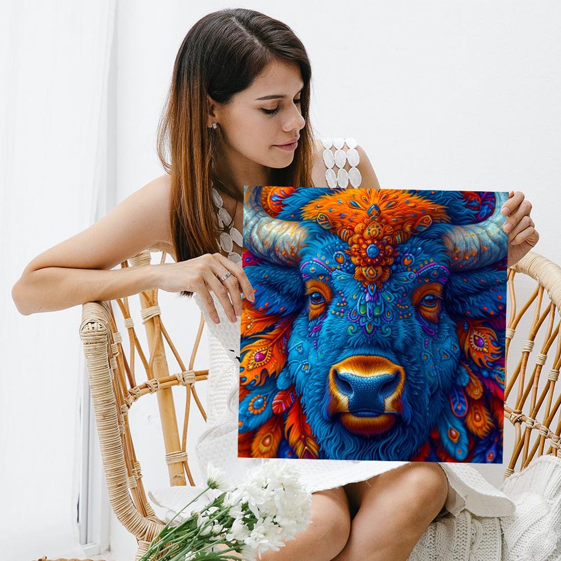 Cosmic Blue Bison Spirit Guide Ornamental Orange Mandala Animal Poster - Image 3