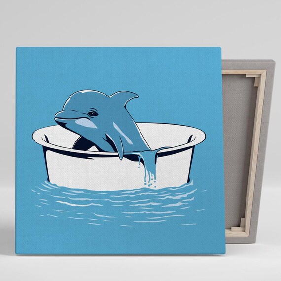 Bathtub Dolphin Delight Art Or Poster Whimsical Animal Decor Bathroom Childrens Room Home Office Laundry Wall Art Blue White