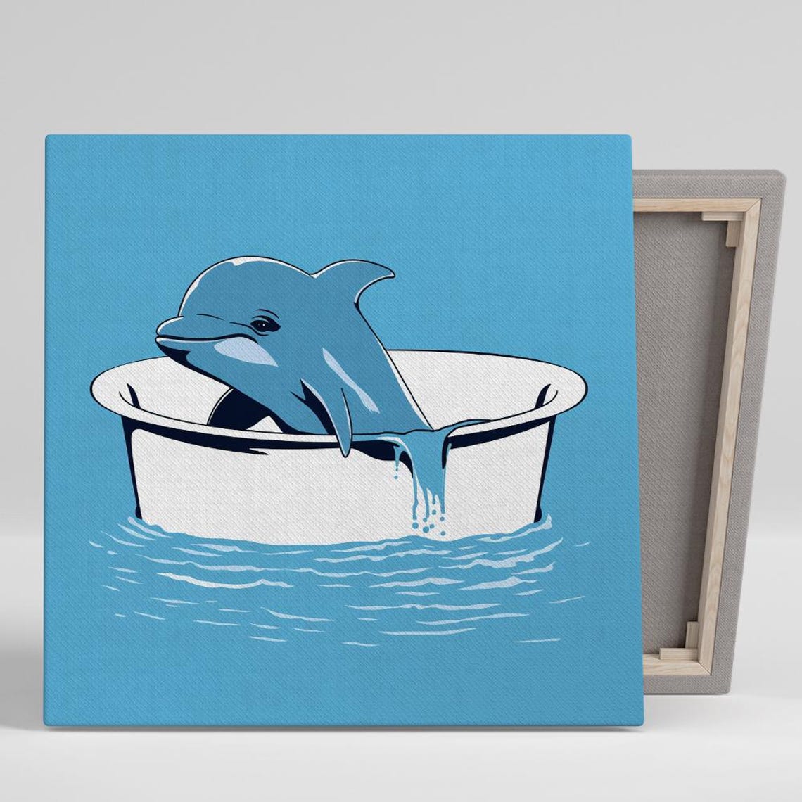 Blue Dolphin Splashing In White Bathtub Cute Whimsical Poster