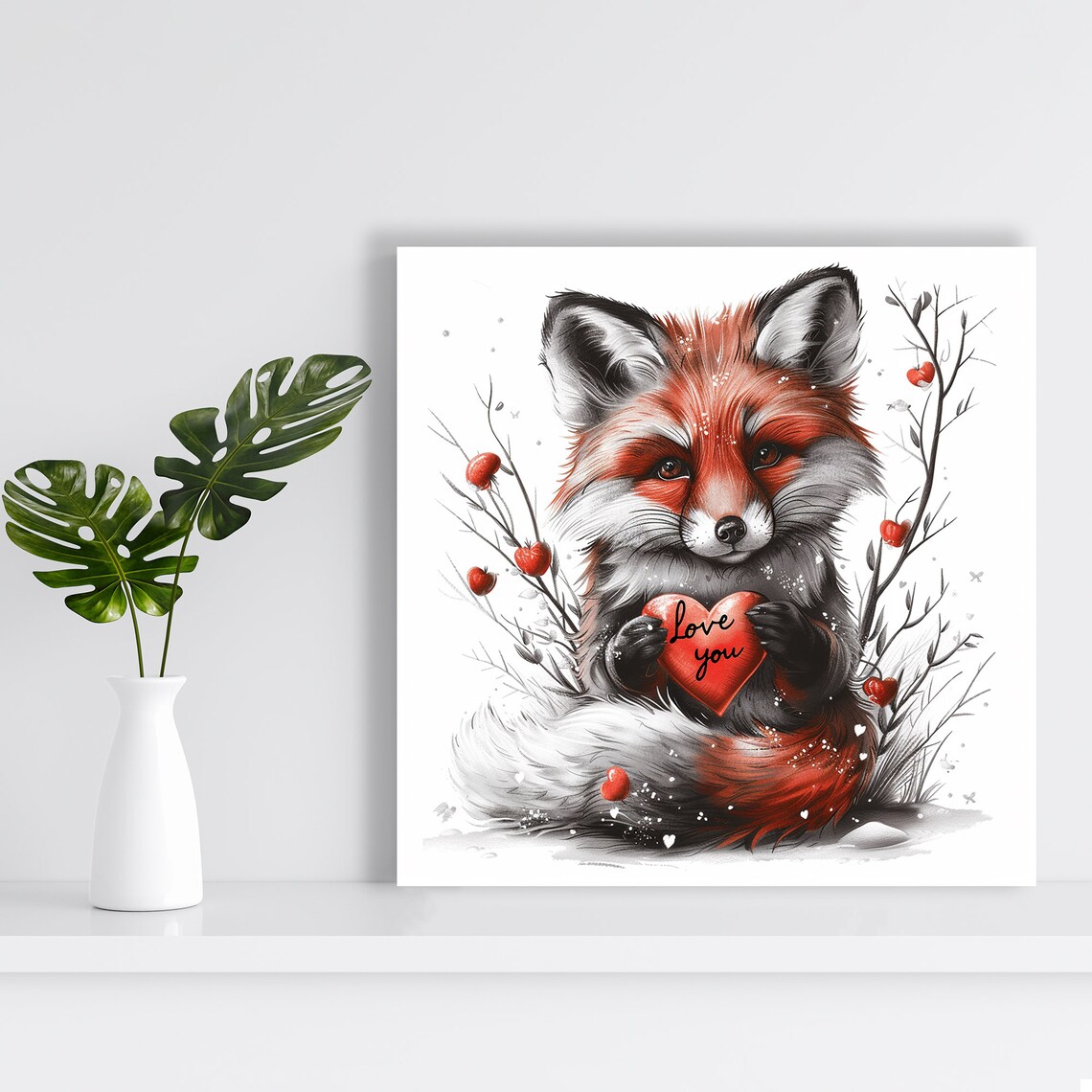 Enchanted Fox Love Red Fox Holding Heart Love You Winter Wall Art Poster - Image 2