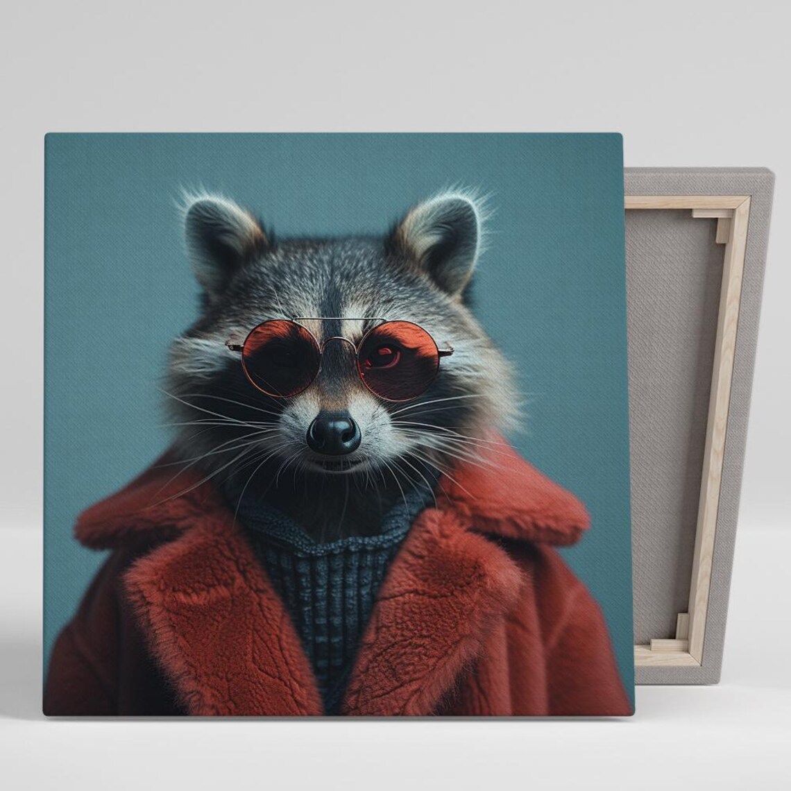 Cool Raccoon In Red Sunglasses And Red Fur Coat Portrait Art Poster