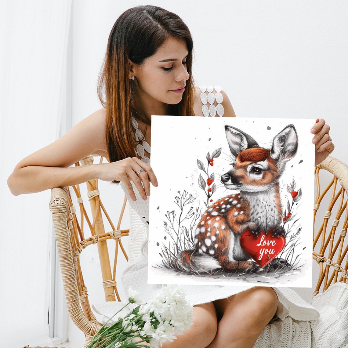 Baby Fawn Holding Red Heart Love You Sweet Nursery Wall Art Poster - Image 3