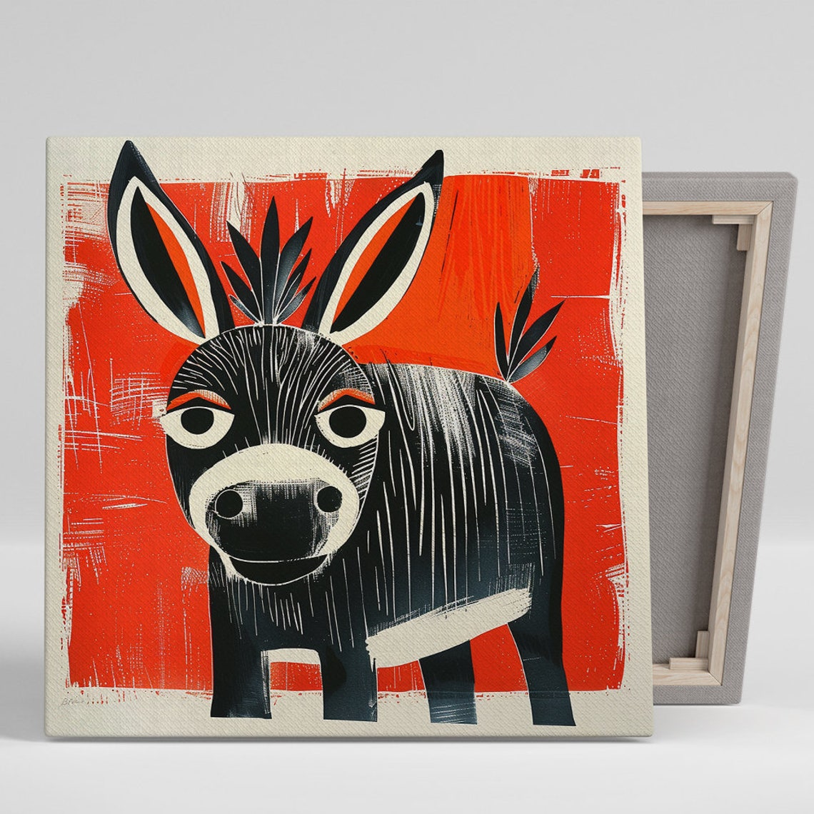 Black Donkey Bold Red Linework Folk Art Rustic Farm Wall Poster