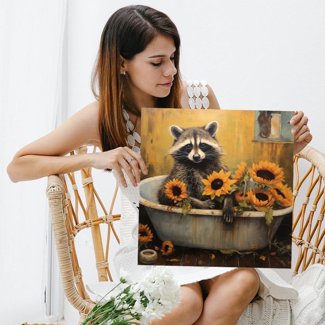 Raccoon In Rustic Bathtub With Sunflowers Vintage Oil Style Poster - Image 3