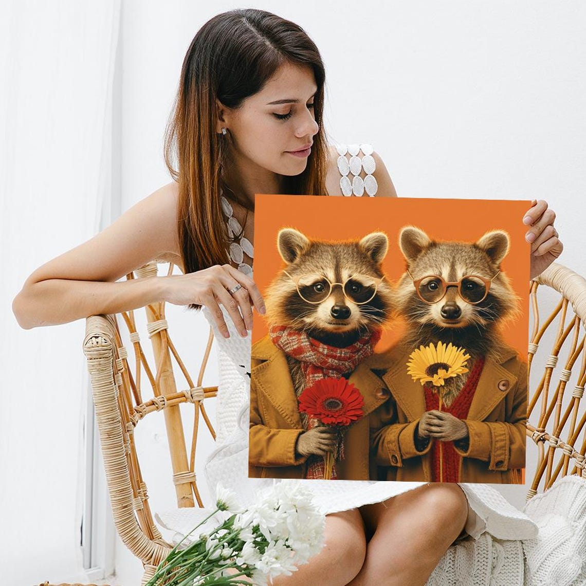 Hipster Raccoon Duo In Coats Glasses Holding Flowers Orange Poster - Image 3
