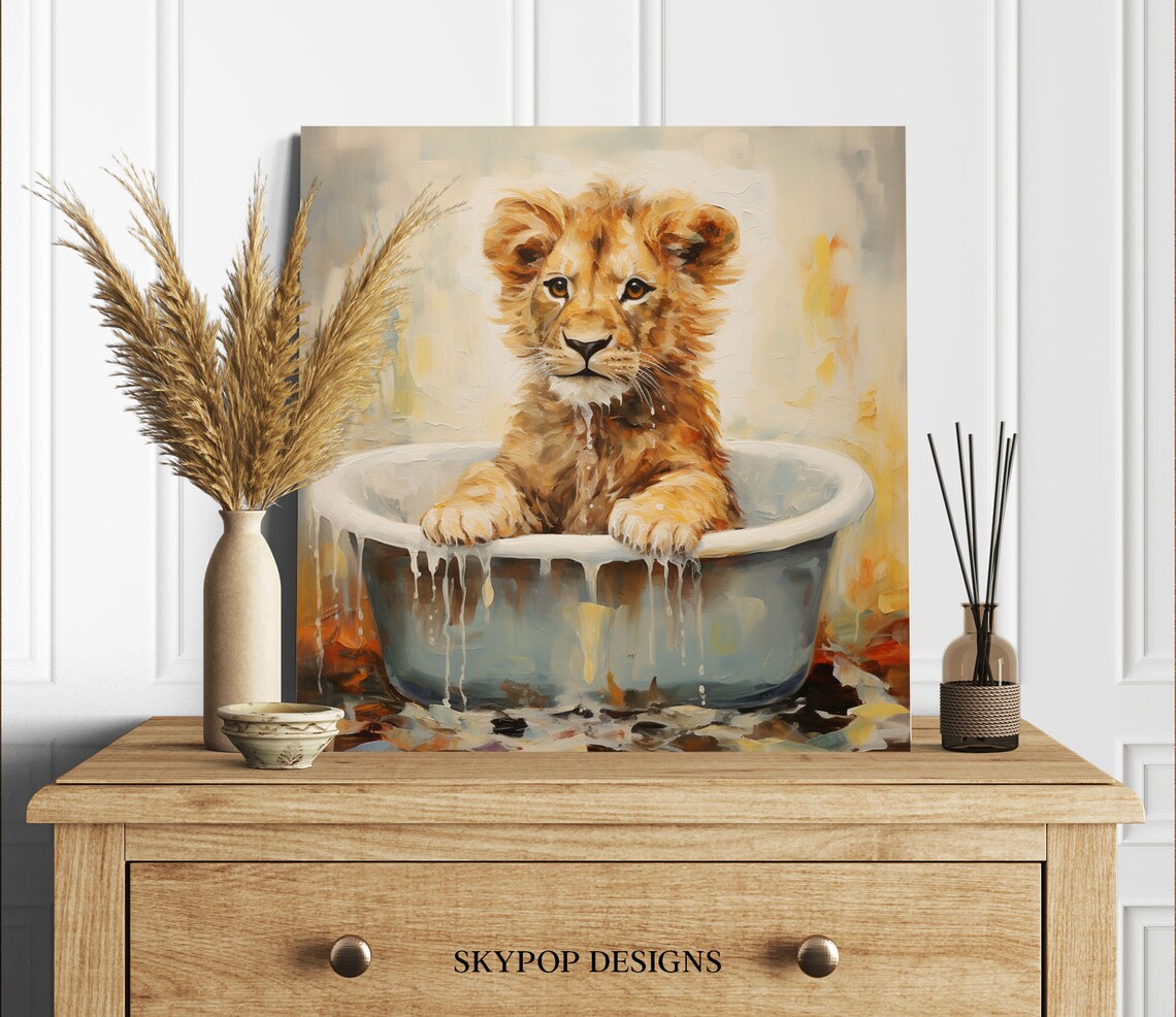 Lion In Bathtub Contemporary Bathroom Art Print - Image 3