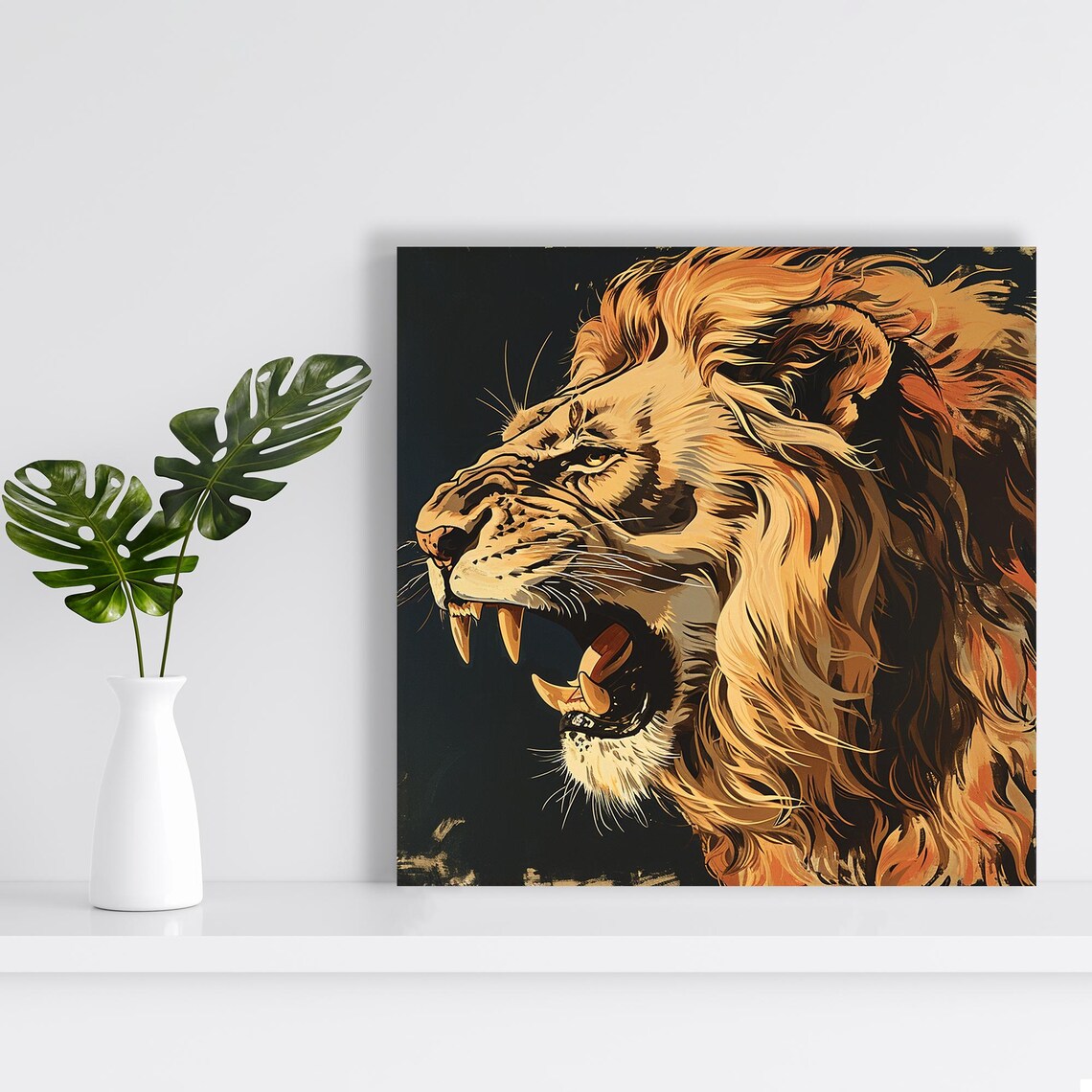 Golden Lion Roar Oil Painting Portrait Dramatic Fierce Big Cat Poster - Image 2