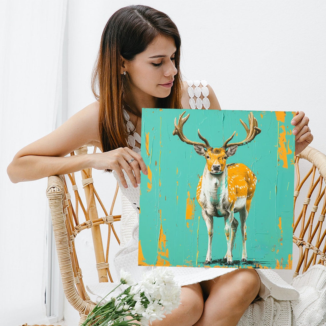 Vibrant Stag With Grand Antlers Turquoise Orange Wildlife Poster - Image 3