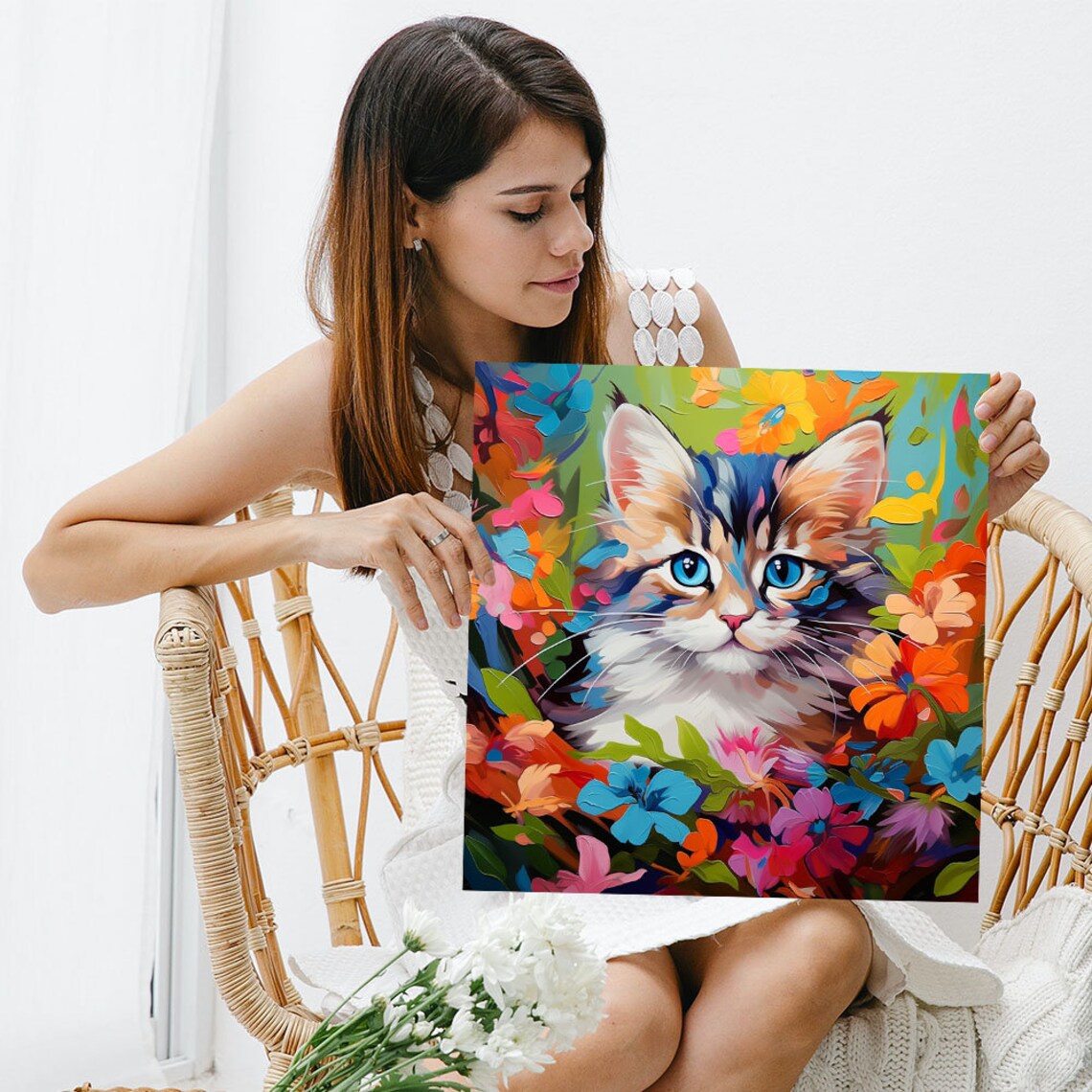 Floral Cat Art Print, Living Room Animal Decor - Image 3
