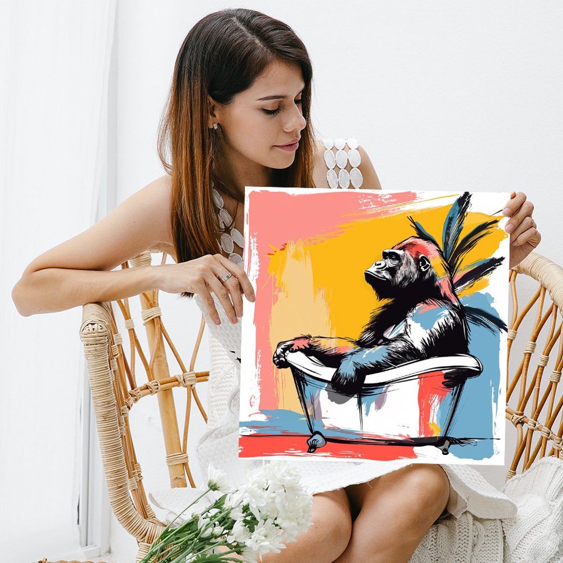 Gorilla Bathtub Pop Art Splash Poster Bold Yellow Pink Blue Decor - Image 3