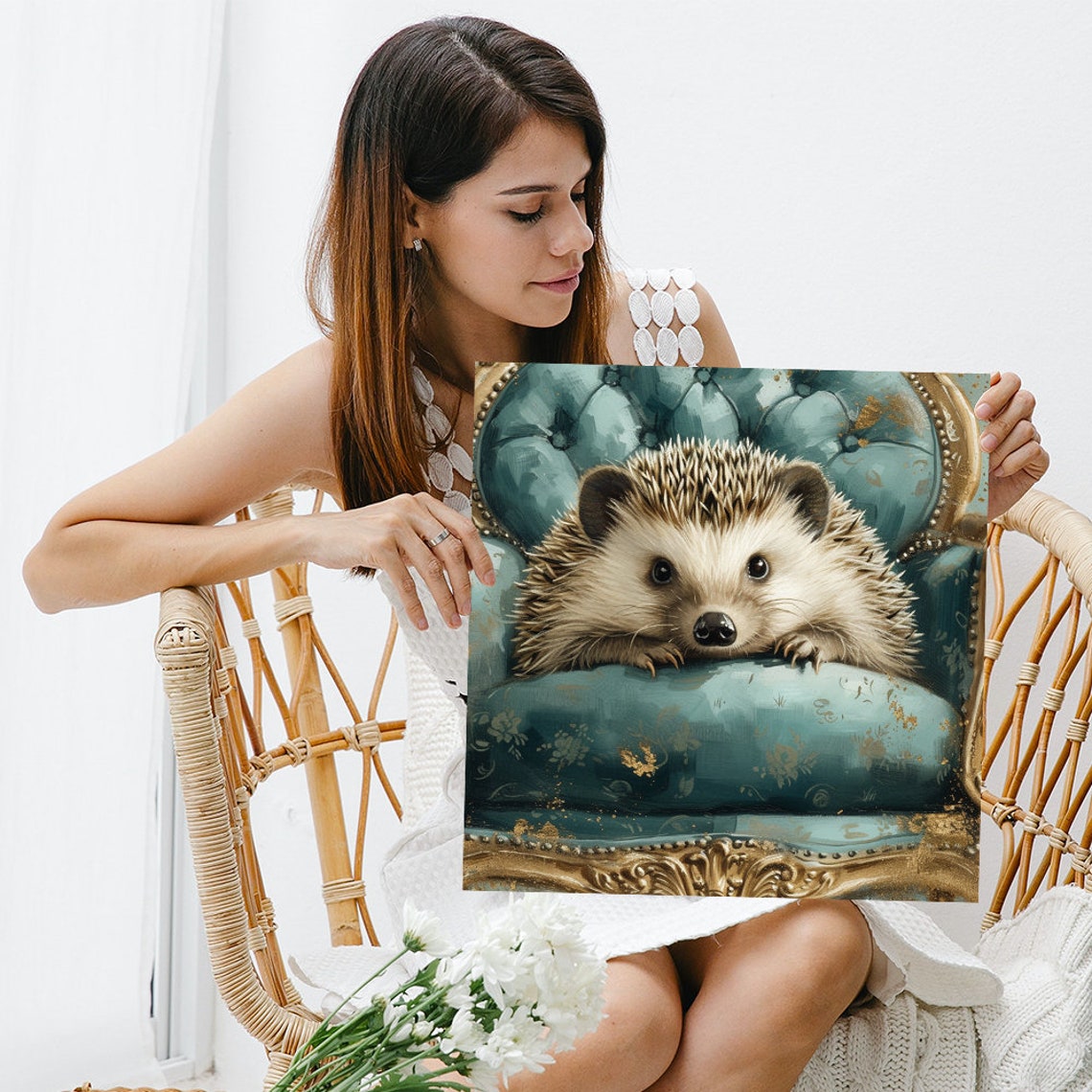 Regal Hedgehog On Throne Chair Poster Teal Gold Whimsical Animal Print - Image 3