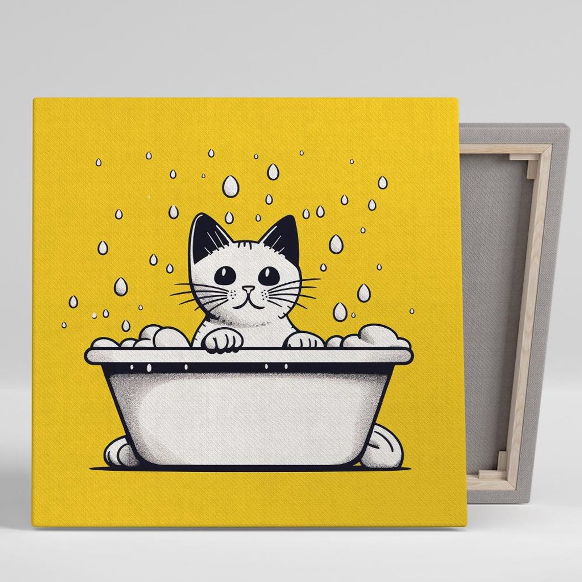 Cute Kitten In Bathtub Funny Bath Time Animal Wall Art Poster Yellow